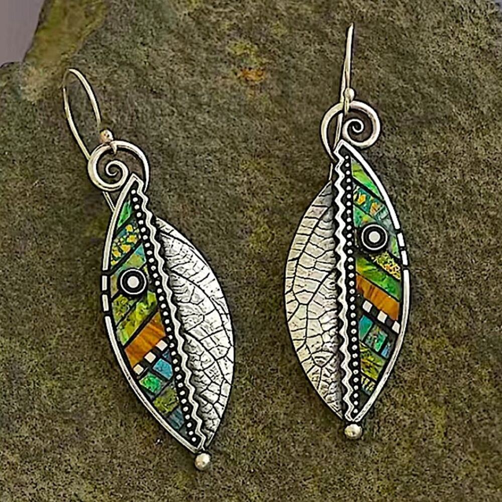 Vintage Abstract Boho Leaf Drop Antique Silver Earrings